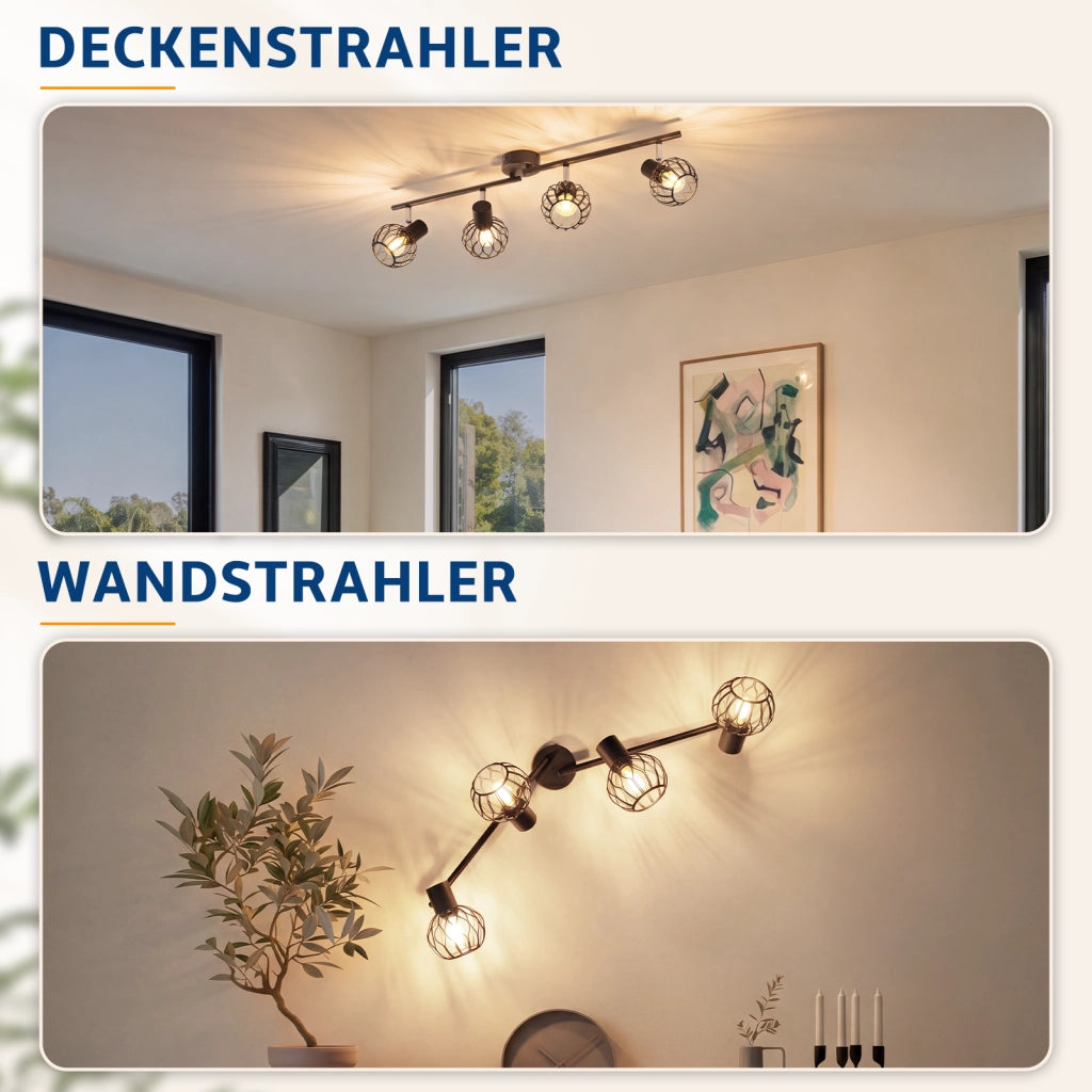 ZMH Faretto da soffitto 4 Luci Nero E14 Metall Orientabile Moderni per Soggiorno Cucina Corridoio Senza Lampadina