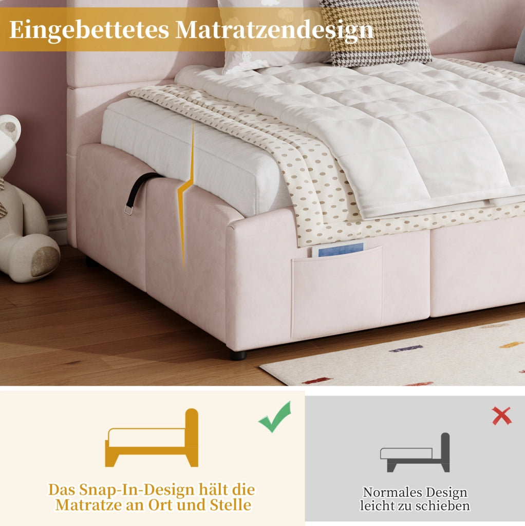 Letto imbottito 90x200 cm rosa con contenitore e USB