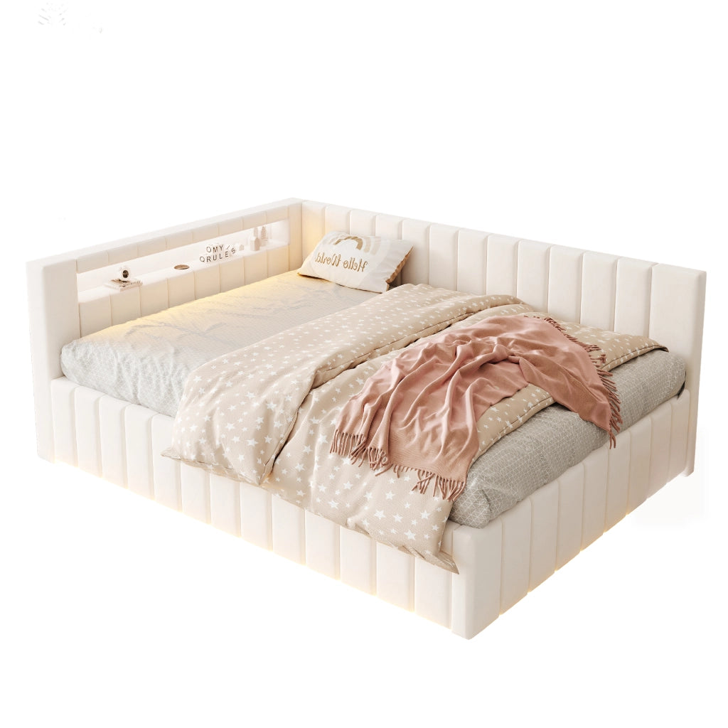 Letto Contenitore 140x200 cm; con LED e USB; in Velluto Beige; con Testiera e Schienale