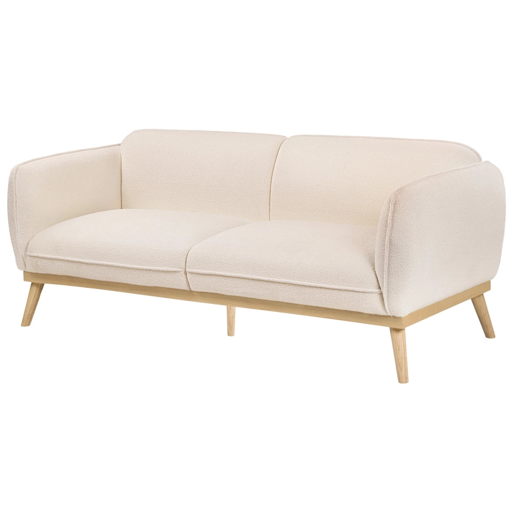 Set da salotto in stile scandinavo con divani a 2 e 3 posti, gambe affusolate in legno e rivestimento in bouclé beige chiaro