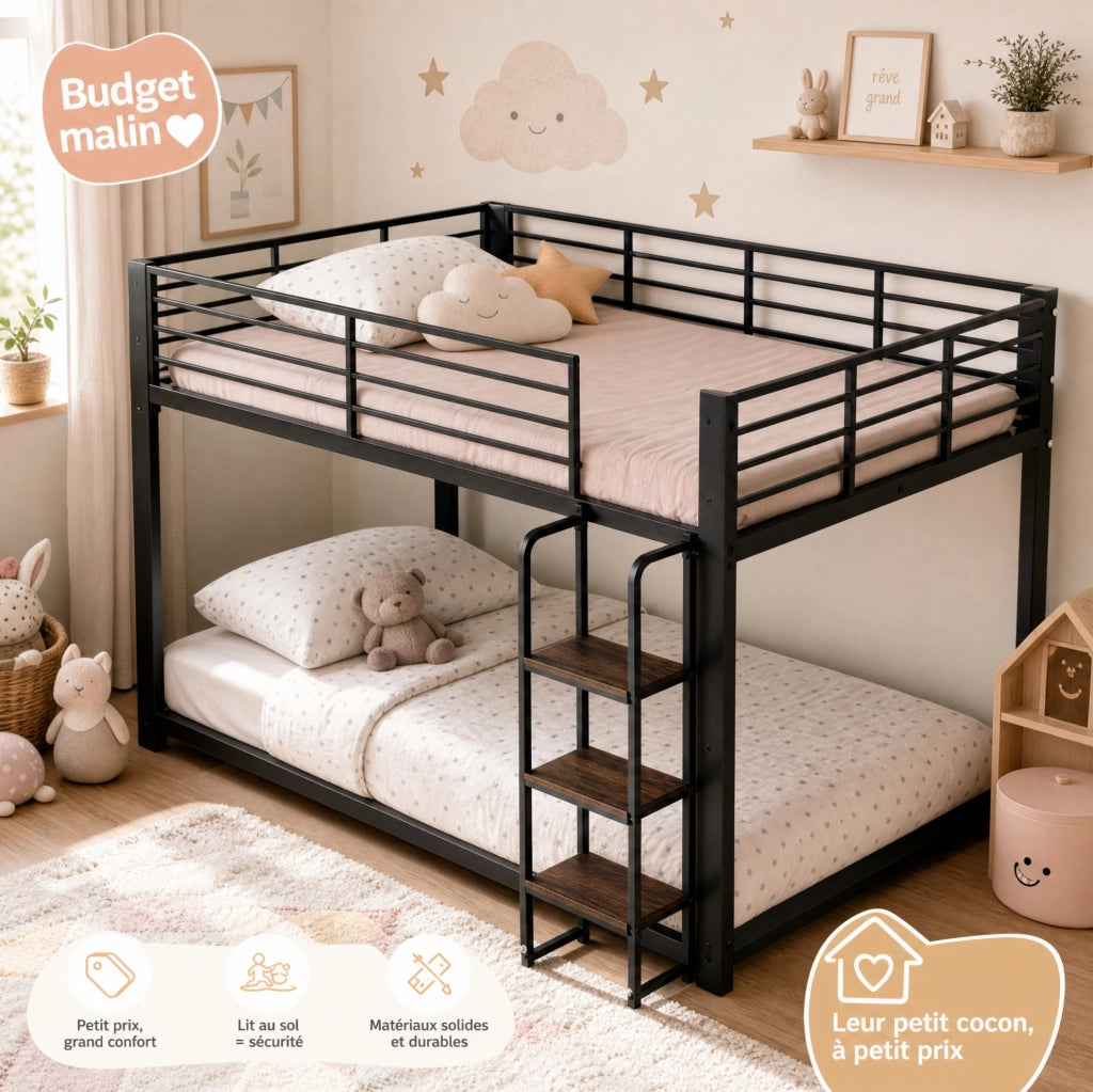 Letto a castello 140x200 cm in metallo con scaletta a gradini; nero