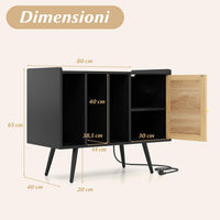 Supporto per Giradischi con Stazione di Ricarica, Credenza per Giradischi con Armadietto di Rattan, Mensole Regolabile, per 220 Album, Mobile Cucina Salvaspazio per Vinile (Nero)