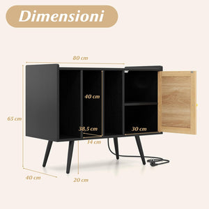 Supporto per Giradischi con Stazione di Ricarica, Credenza per Giradischi con Armadietto di Rattan, Mensole Regolabile, per 220 Album, Mobile Cucina Salvaspazio per Vinile (Nero)