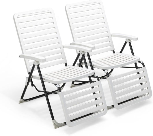Sedia Pieghevole da Giardino, Sedia Reclinabile con Schienale Alto, Regolabile in 7 Posizioni, Poltrona Portatile in PP Resistente, per Esterno Terrazza Balcone (con Poggiapiedi, 2)