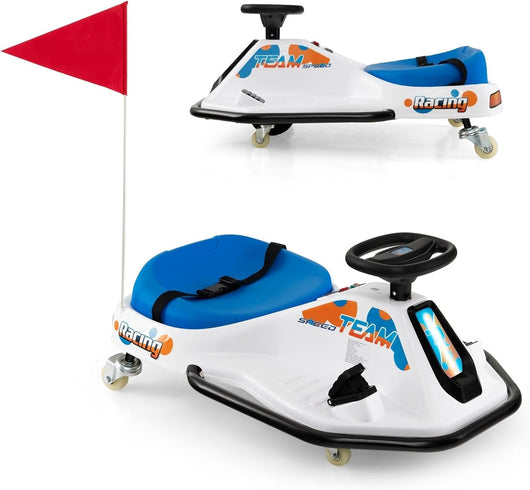 24 V Go Kart per bambini, Auto Drift con Giro a 360°, con Connessione Wireless USB Radio Musica e 3 Bandierine, Avviso Lento, 3-8 km/h, per Bambini 3+ Anni