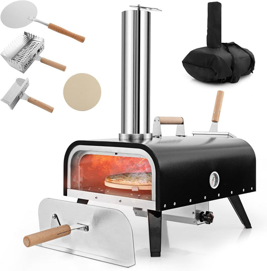 Forno per Pizza Portatile, Forno da Esterno con Pietra per Pizza Rotante a 360°, in Acciaio Inossidabile a 3 Strati con Termometro e Borsa da Trasporto, Nero e Argento