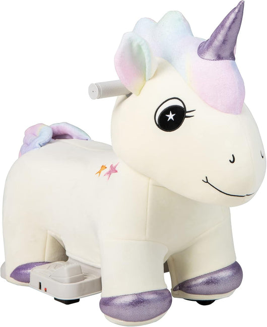 Gioco Cavalcabile Elettrico per Bambini, Peluche Cavalcabile con Manubrio Antiscivolo Musica e Rivestimento con Cerniera Lavabile, per Bambini 3 Anni+ (Unicorno)