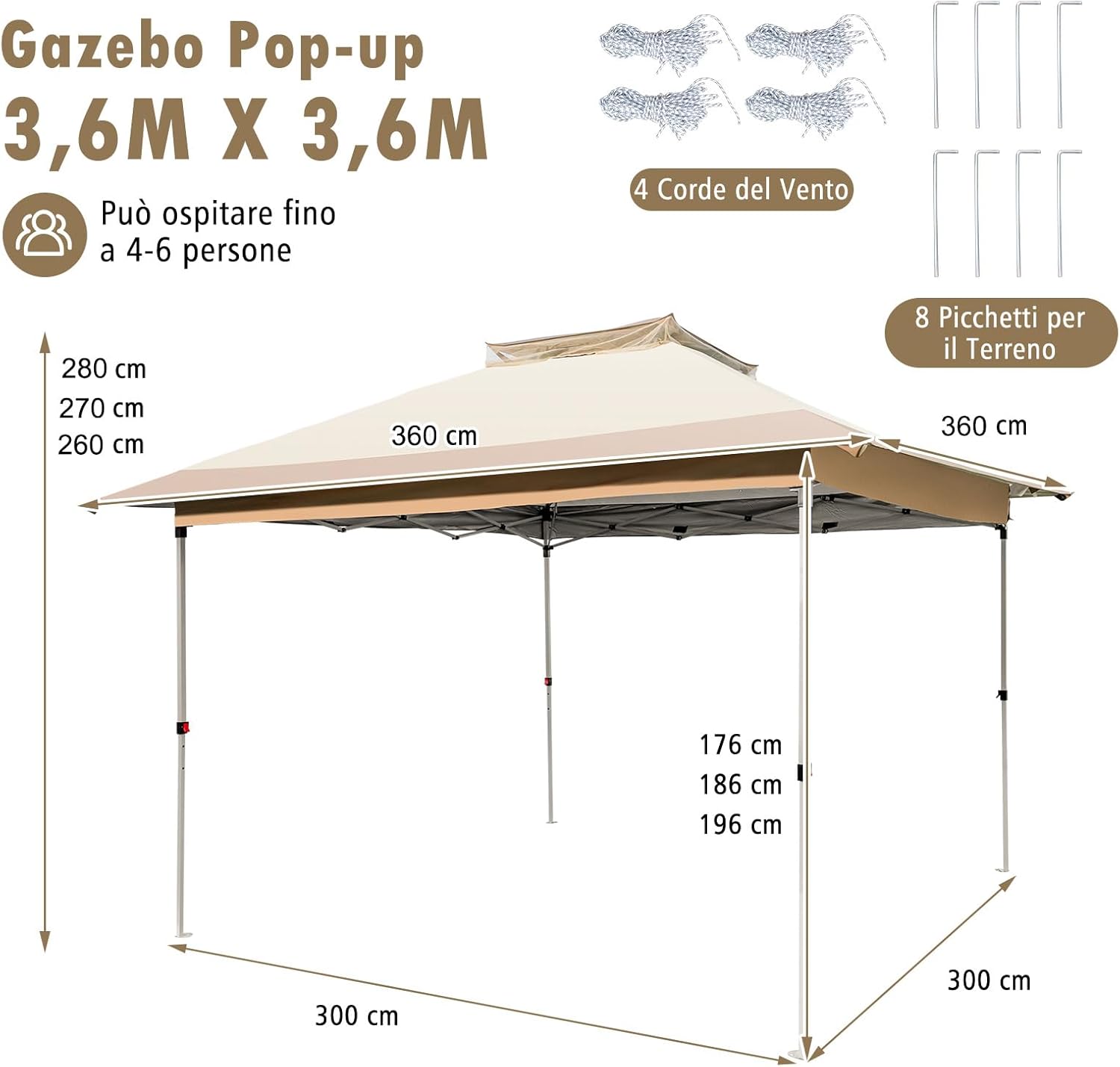 Gazebo Pieghevole da Giardino 3,6 x 3,6m, Gazebo Pop-up con Borsa da Trasporto con Ruote, Regolabile in Altezza, per Feste, Barbecue, Giardino e Spiaggia (Con Rete)