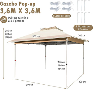 Gazebo Pieghevole da Giardino 3,6 x 3,6m, Gazebo Pop-up con Borsa da Trasporto con Ruote, Regolabile in Altezza, per Feste, Barbecue, Giardino e Spiaggia (Con Rete)
