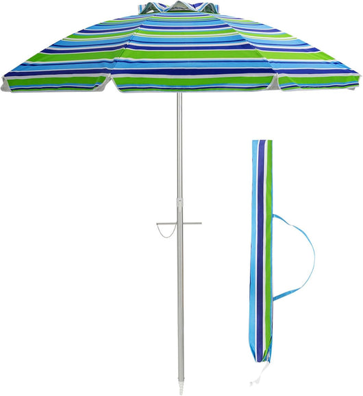 Ombrellone da Spiaggia 198 cm, Ombrello Parasole da Esterno con Palo Inclinabile in Alluminio, Ombrellone Portatile con Borsa di Trasporto, Anti UV 50+, 8 Stecche (Blu e Verde)