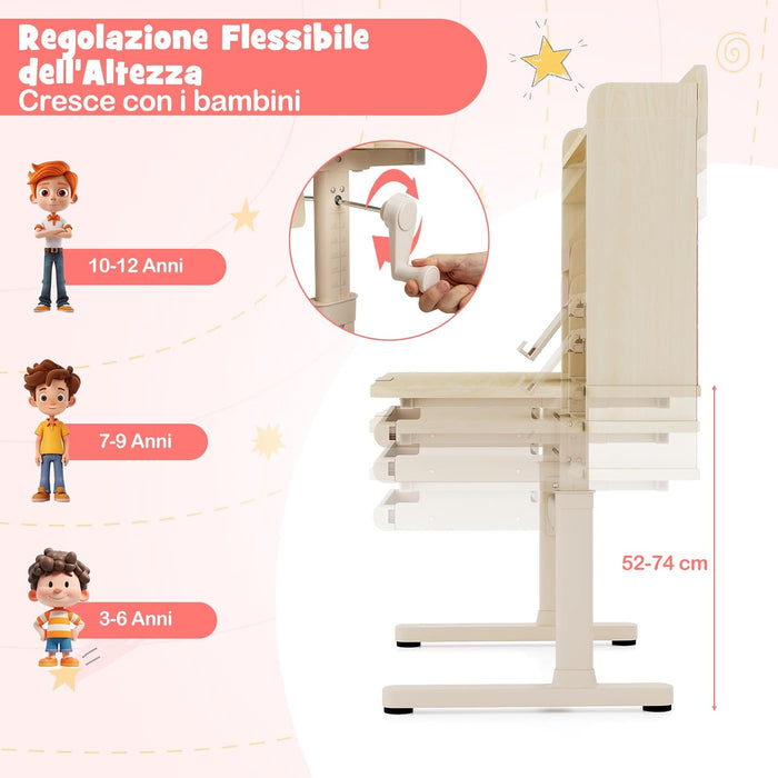 Scrivania per Bambini 3+ Anni, Tavolo da Studio Regolabile in Altezza con Libreria e Cassetto, Piano Inclinabile, Mensole, Leggio e Portapenne, Scrivania per Studiare (Rosa)