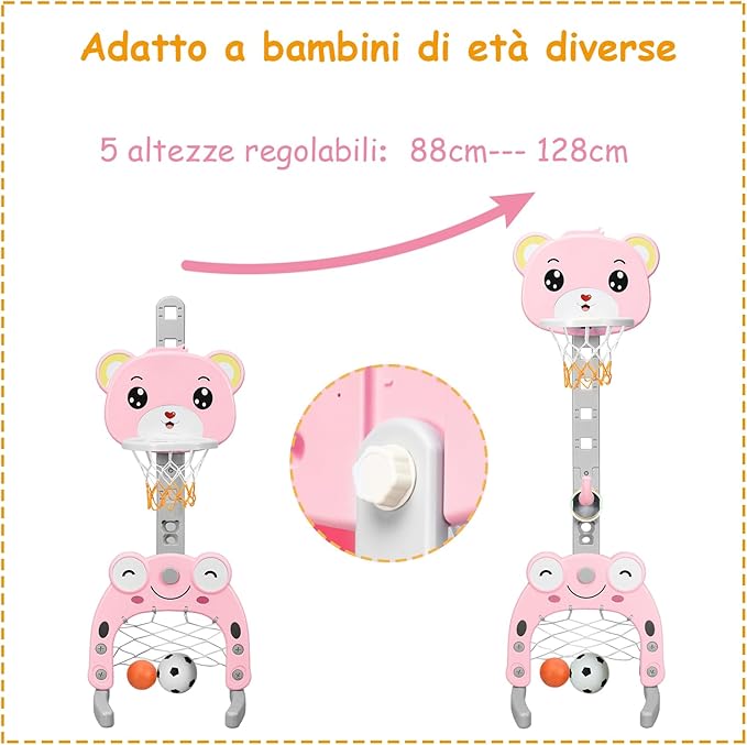 Canestro da Basket, Centro Attività 3 in 1 per Bambini, Canestro da Basket con Porta da Calcio e Gioco degli Anelli, Set Basket e Calcio a Forma di Orso, Ideale per Bambini (Rosa)