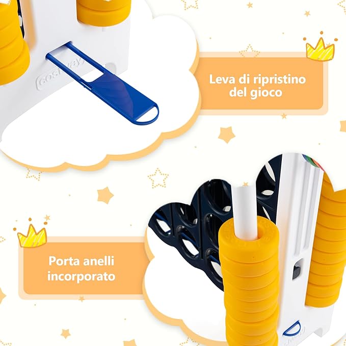 Forza 4 Gigante, Forza Quattro per Bambini con Canestro, Palla, 5 Anelli e 42 Piedine, Giochi Educativi da Esterno ed Interno per Vacanze e Feste, Ideale per Bambini +3 Anni