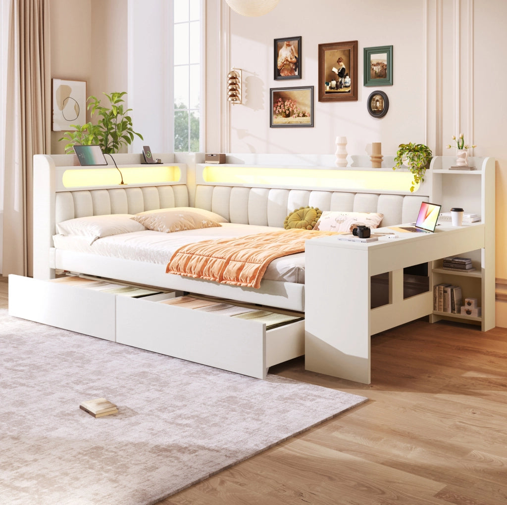 Letto daybed 140x200 cm con LED; porte USB; scrivania integrata e 2 cassetti; bianco