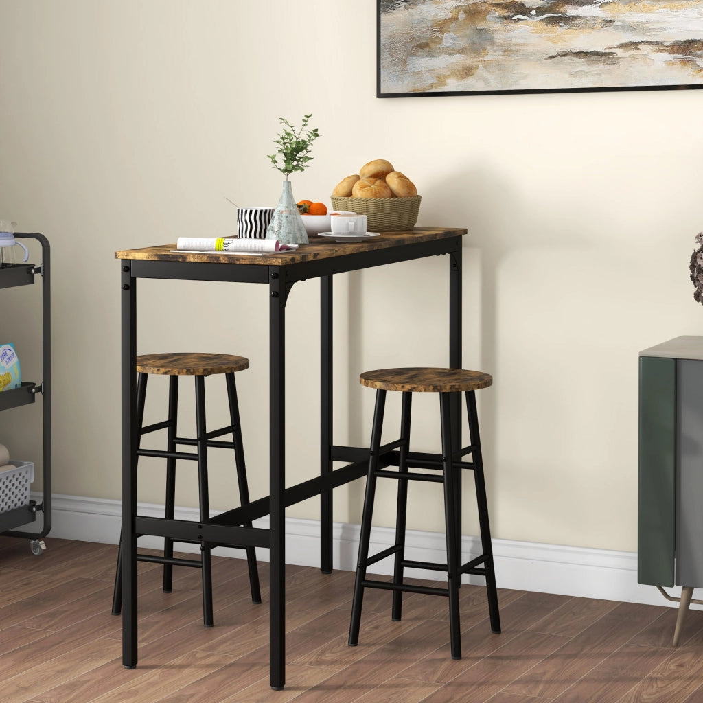 Set tavolo bar 3 pezzi con 2 sgabelli, design industriale, effetto legno, struttura in acciaio e MDF, colore marrone