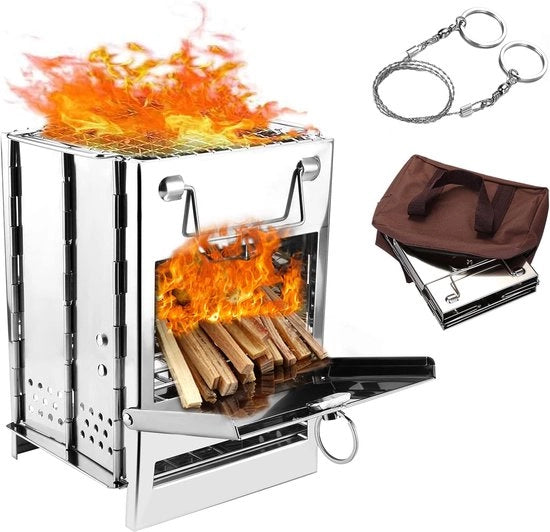 Fornello da Campeggio Portatile Opacchiabile con Griglia in Acciaio Inossidabile - Cassetta a Legna con Griglia BBQ con Tasca di Ripiegamento