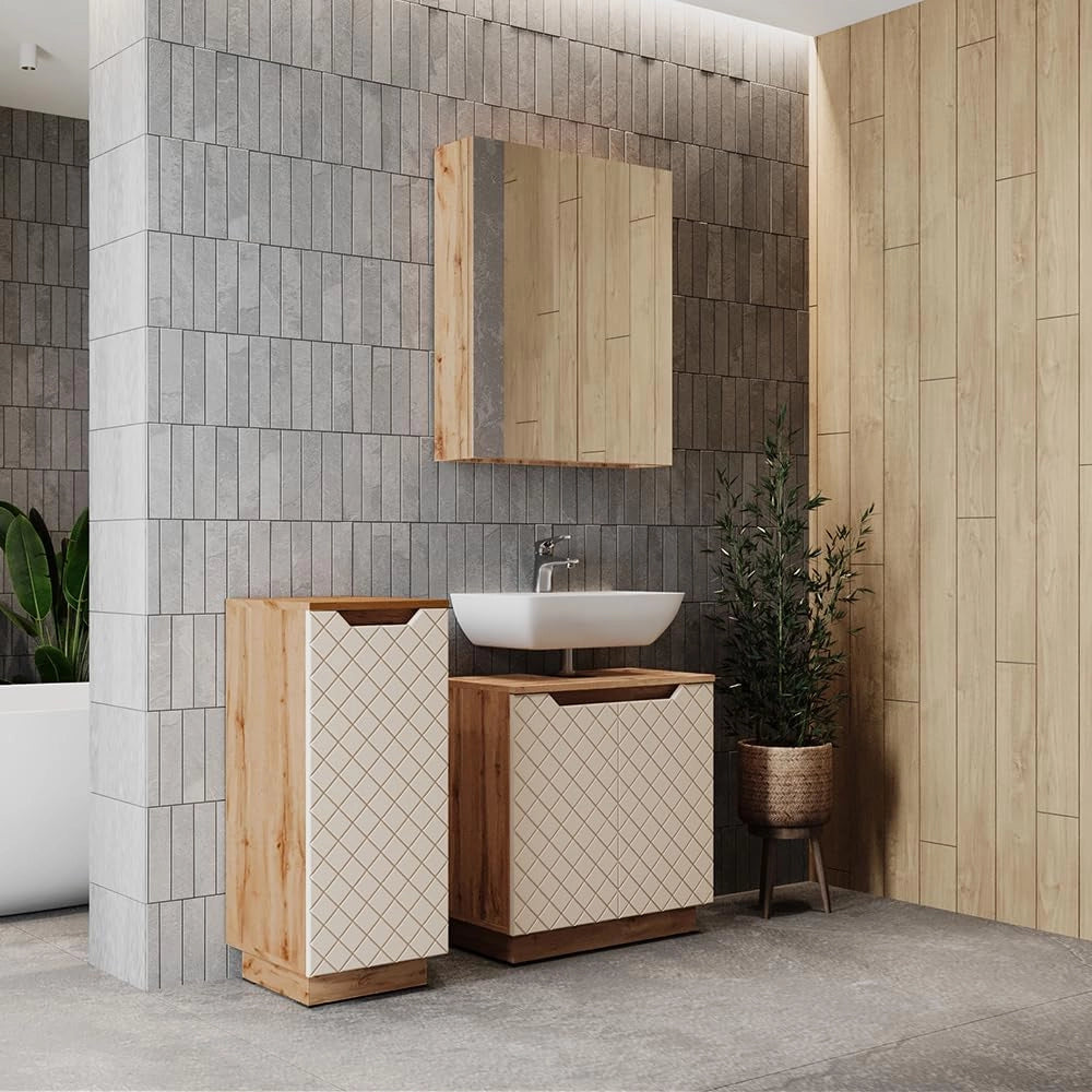 Set di mobili da bagno Lotta, Rovere/cashmere con struttura in piastrelle, 3 parti