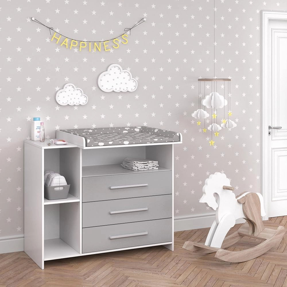 Fasciatoio Oskar, Bianco/Grigio, 113 x 100 cm, convertibile in cassettiera grazie al fasciatoio rimovibile