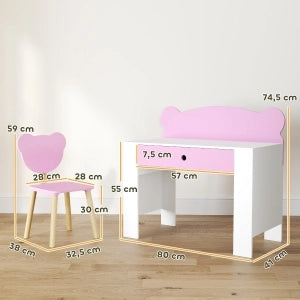 Set scrivania e sedia per bambini con cassetto e schienale a forma di orso, rosa