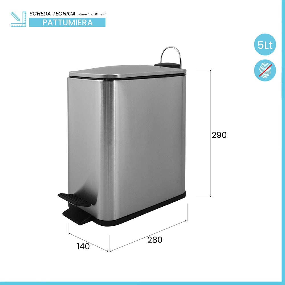 Pattumiera bagno 5 Lt in acciaio spazzolato con apertura a pedale Rexa