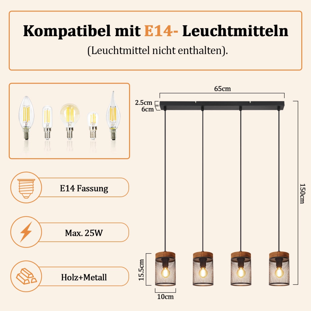 ZMH Lampada a Sospensione Vintage Legno Nero 4 Luci Retro E14 Metall per Soggiorno Sala da Pranzo Cucina Senza Lampadina