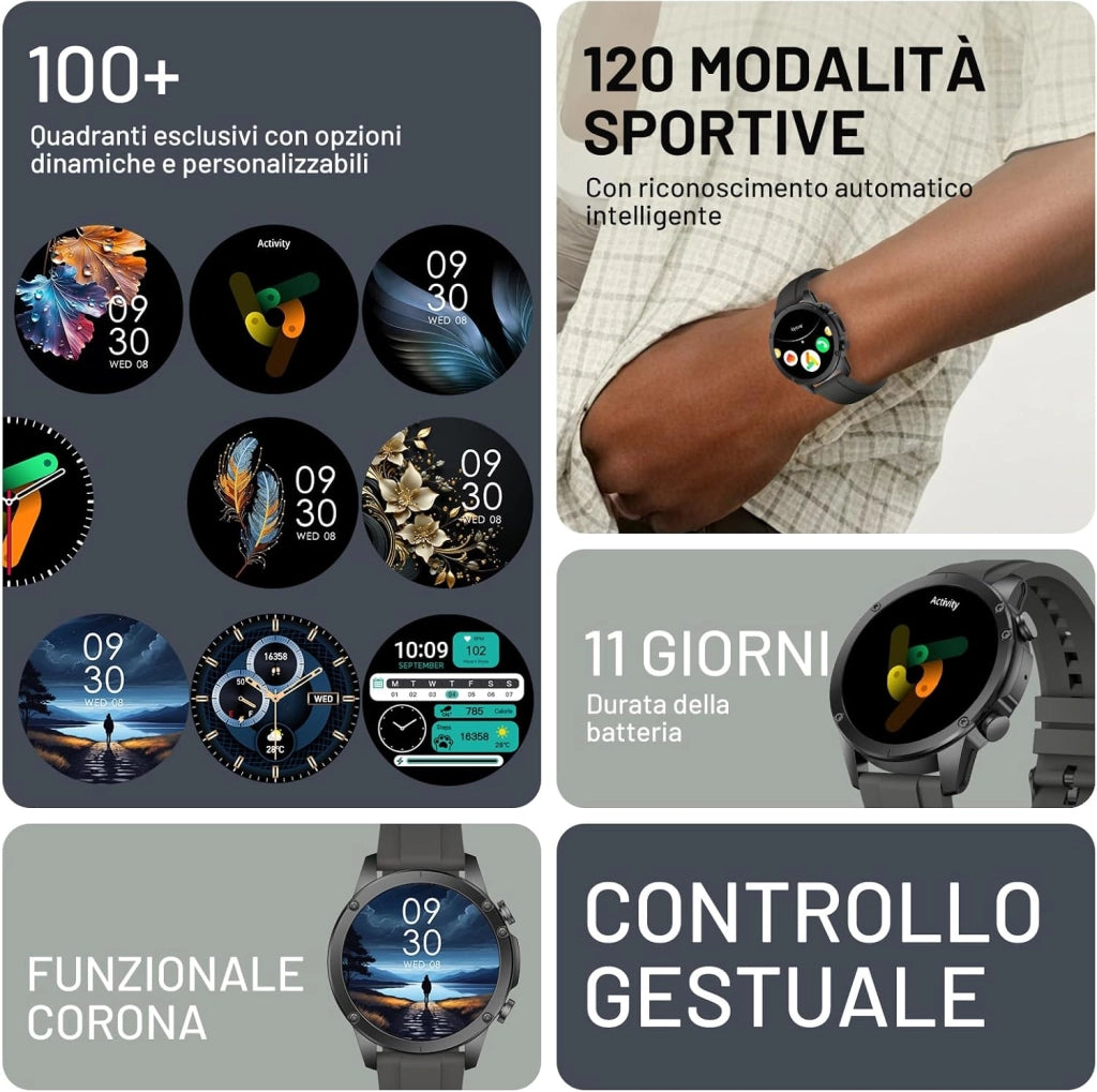 Smartwatch Uomo Militare, 1.43" AMOLED Orologio Smartwatch con Chiamate Bluetooth, 120 Sportive Smart Watch con Contapassi/Sonno/Cardiofrequenzimetro/SpO2, Impermeabil IP68 Smartband per Android iOS