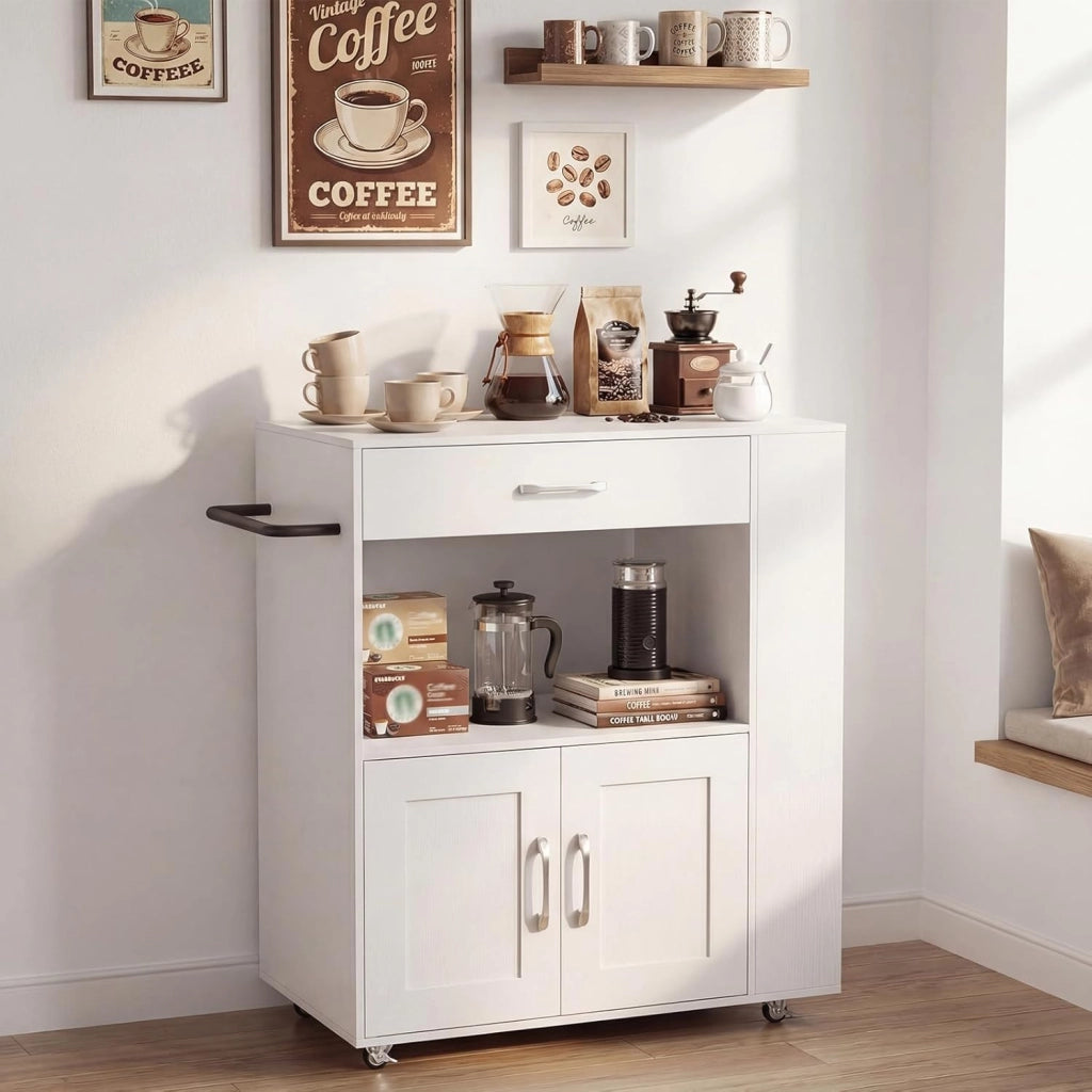 Credenza da Cucina su Ruote, Isola Mobile, Carrello da Servizio con Cassetto e 3 Ripiani, 2 Colori, 75x46x89 cm (Bianco Pieno)