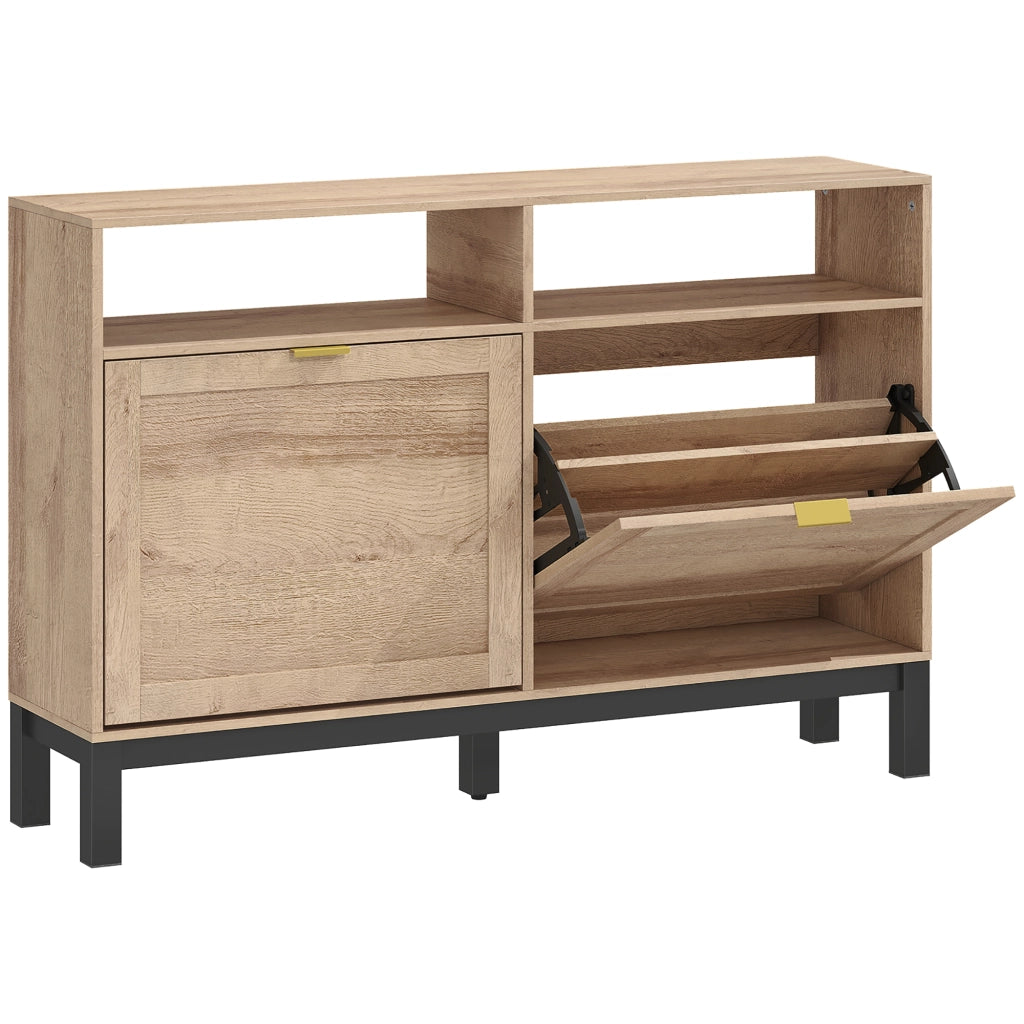 Scarpiera Salvaspazio Slim 120x29x80 cm con 2 Ante a Ribalta e Ripiani Regolabili Rimovibili per 8 Paia in MDF Noce