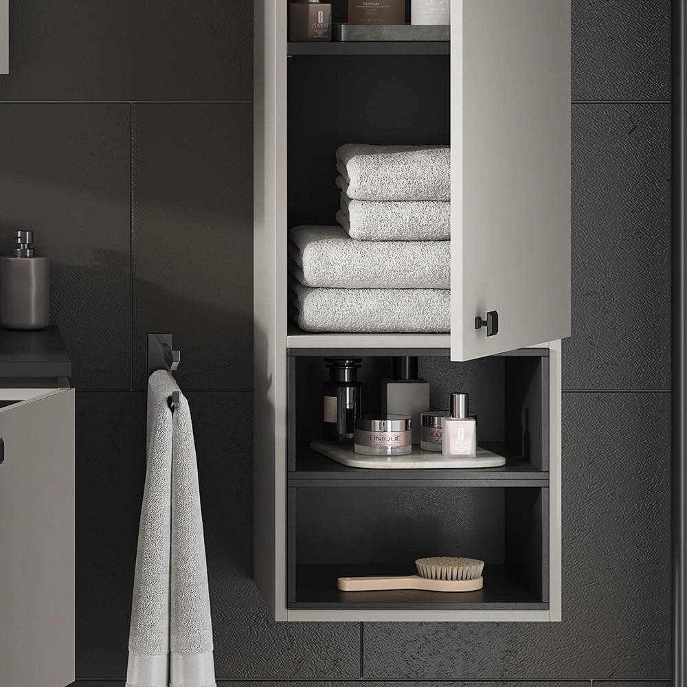 Armadio per il bagno Gerta, Grigio, 37.5 x 150 cm con anta e vani a giorno, da montare sotto il lavandino per spazio aggiuntivo di archiviazione