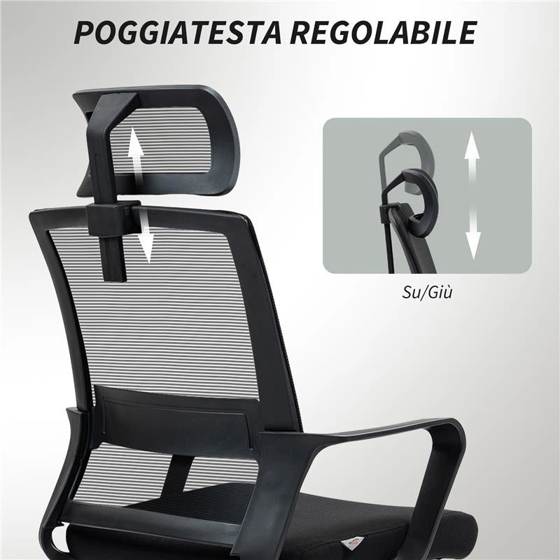 SEDIA DA UFFICIO ERGONOMICA CON POGGIATESTA E ALTEZZA REGOLABILI FUNZIONE DONDOLO E RUOTE NERO
