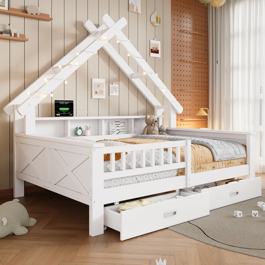 Letto a casetta 140x200 cm con LED; ripiani; 2 cassetti e sponda; bianco