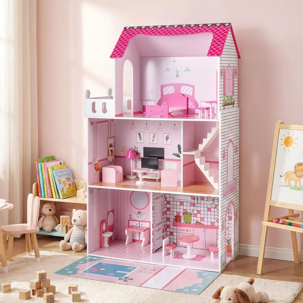 Casa delle Bambole a 3 Piani in Legno, Casa Barbie con Scale e 17 Pezzi di Mobili Completi, Villa da Principessa Fai-da-Te Giocattolo per Bambini 3+ Anni, 74,5 x 63 x 120,5 cm (Rosa)