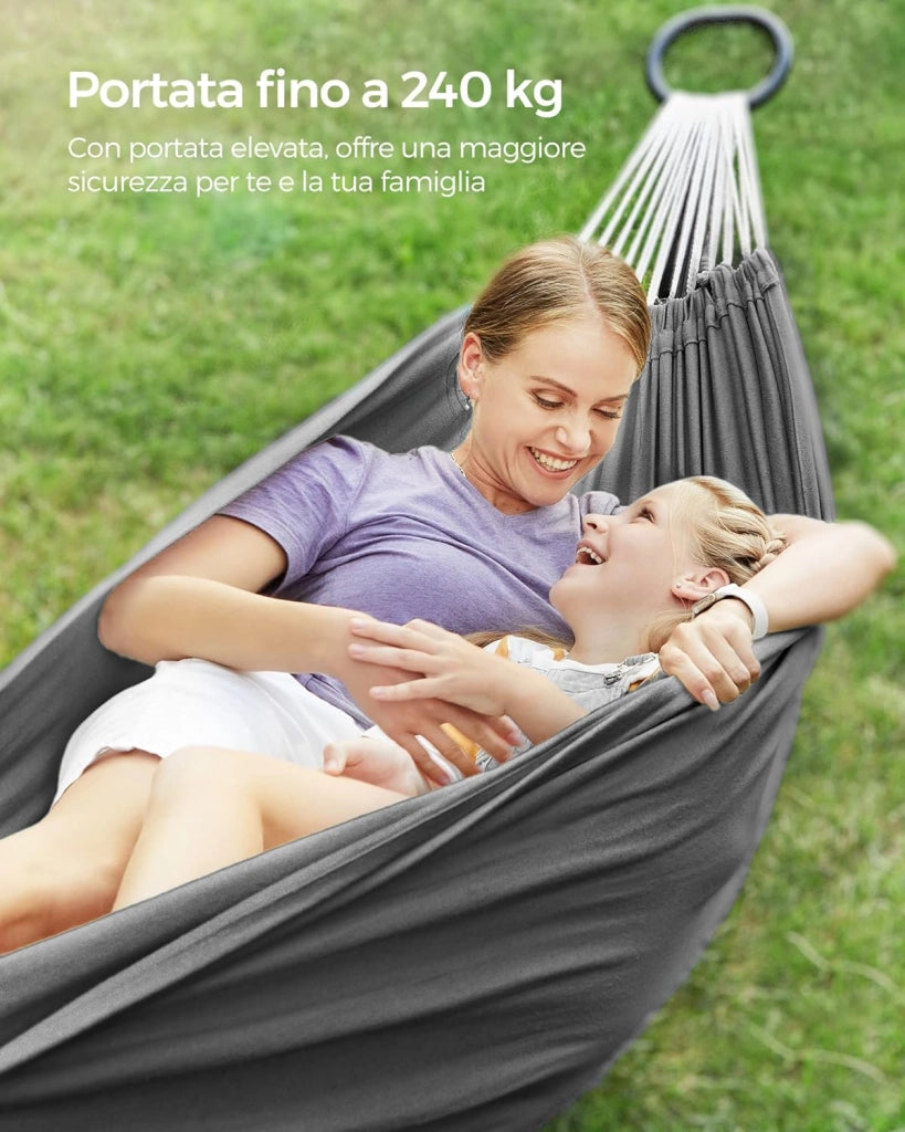SONGMICS Amaca con Supporto, Amaca di 210 x 150 cm, 5 Altezze Regolabili, Portatile con Sostegno in Metallo, Max. Portata di 240 kg, per Giardino Terrazzo, Supporto Nero e Amaca Grigia GHS001G01