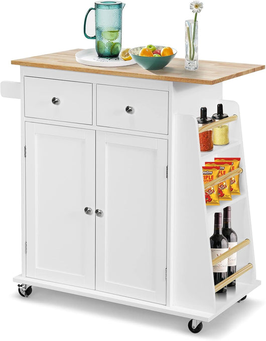 Carrello di Servizio Cucina con Ruote, 2 Cassetti e Portaspezie, Portasciugamani e 2 Porte, Ideale per Casa Ristorante e Bar, MDF + legno di gomma 88x45x89,5 cm (Bianco)