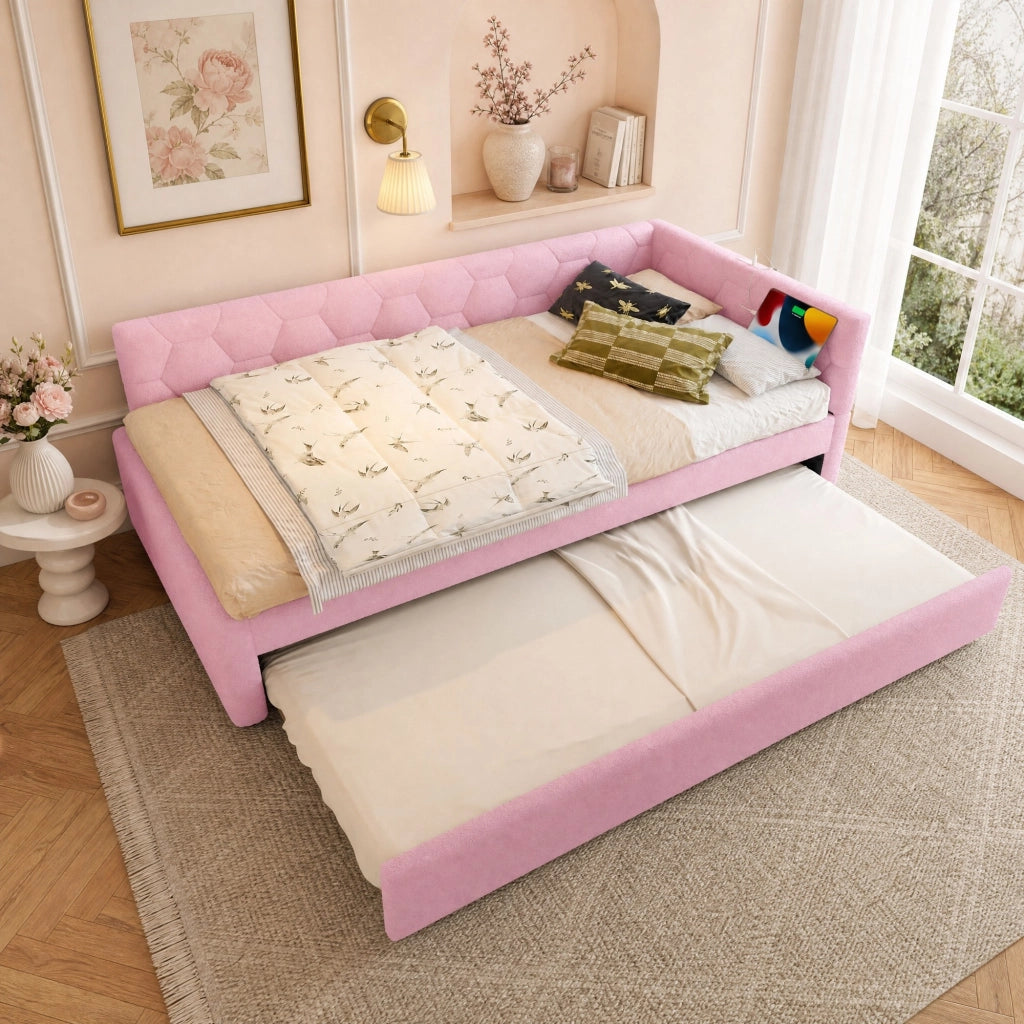 LETTO 90x200 cm in Bouclé Rosa con letto estraibile, USB e Tipo-C