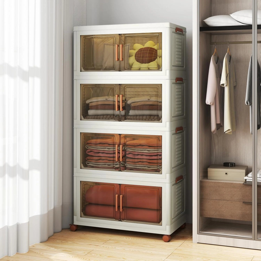 Contenitore Portaoggetti in Plastica Impilabile con Coperchi e Porte, 4 Ruote, per Soggiorno, Camera da Letto, 68,5 x 37,5 x 140 cm, Bianco e Marrone