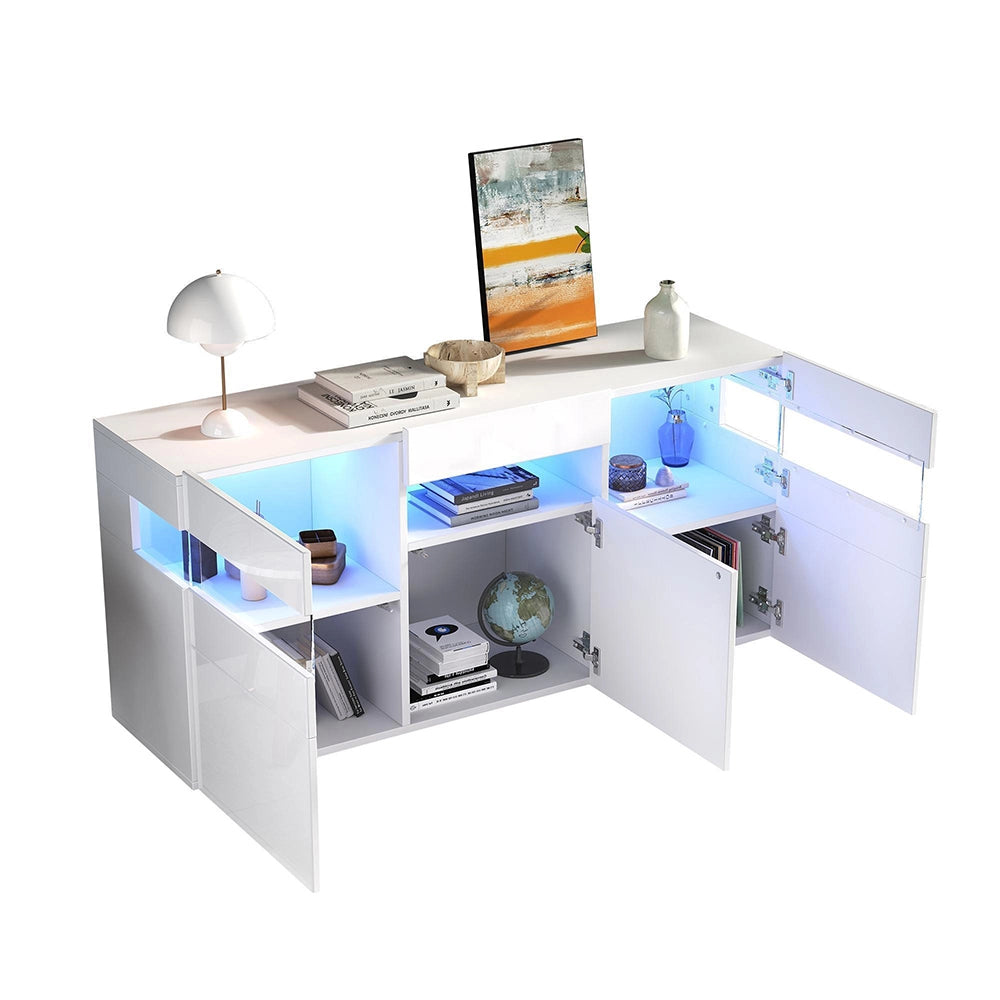 Credenza Soggiorno 140x40.5x66.5cm - Xylo - 3 Ante Lucide con LED, 7 Scomparti, Bianco