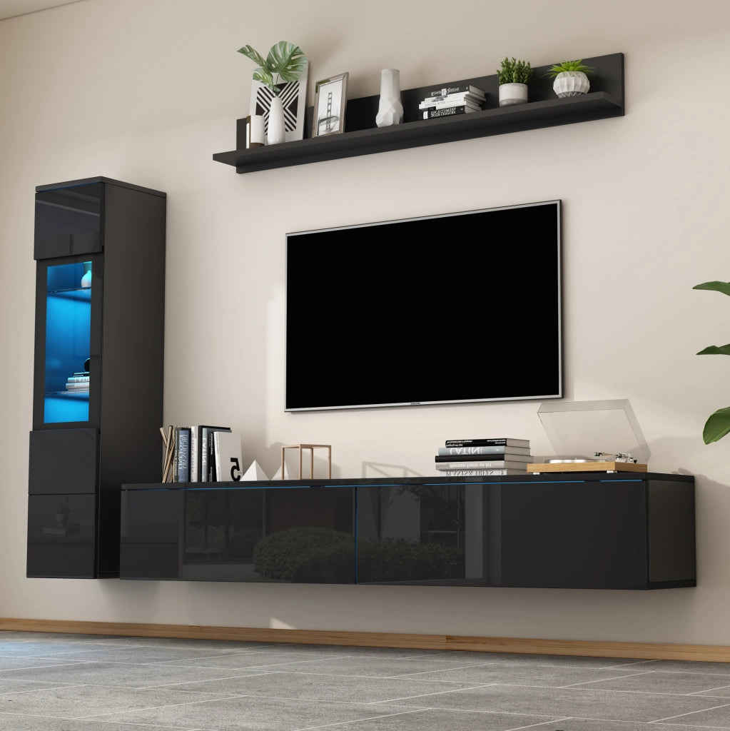 Set parete sospeso a 3 pezzi con illuminazione LED, nero lucido