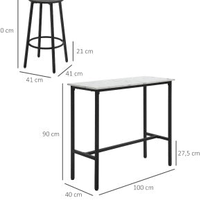 Set bar con 2 sgabelli; piano effetto marmo; acciaio; bianco