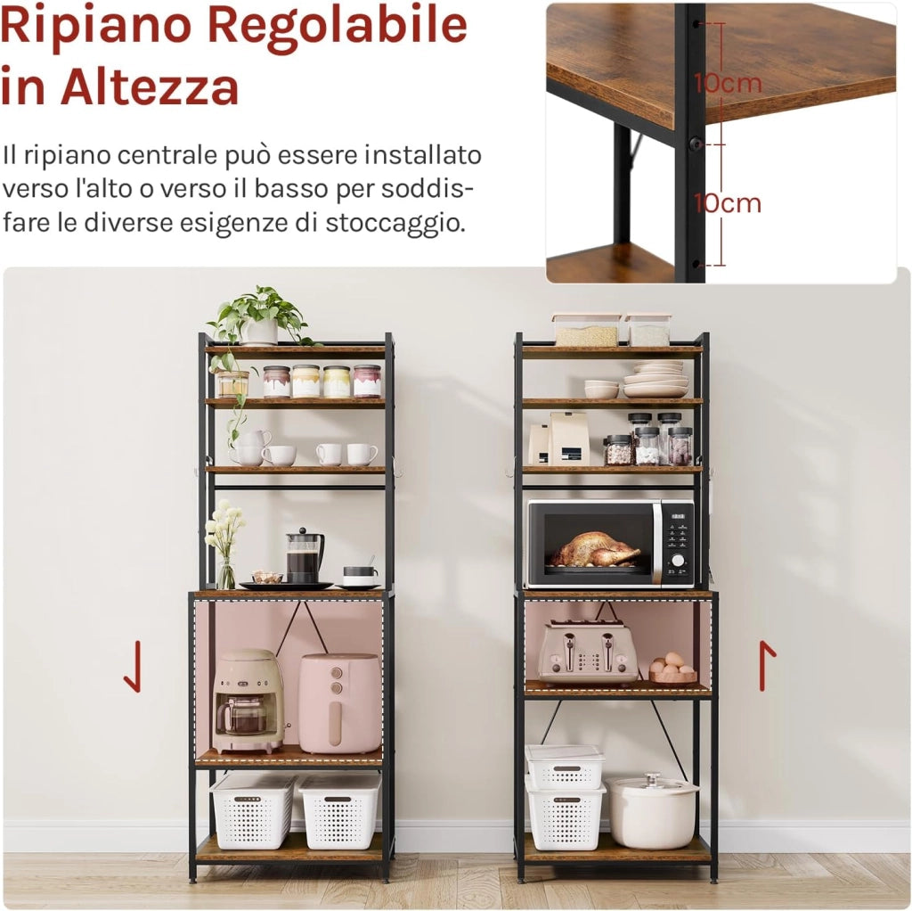 Scaffale da Cucina con 6 Ripiani, Scaffale per Microonde con 6 Ganci, Struttura in Metallo, Legno Ingegnerizzato, 60x40x167cm, Marrone Rustico+Nero