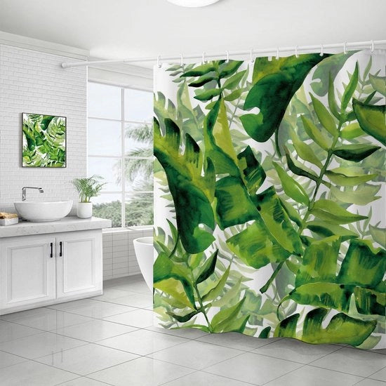 Douchegordijn con fogli di banano verde, tessuto impermeabile e resistente all'umidità, con haken in plastica - 180x180cm - Douchegordijn lavabile - Disegno botanico colorato - Impermeabile e asciugantesi velocemente