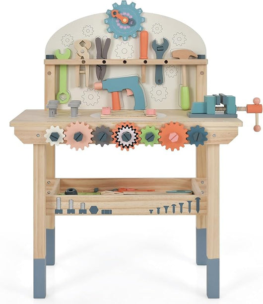Banco da Lavoro per Bambini, Banco degli Attrezzi per Bambini in Legno con Attrezzi e Accessori Realistici e Ripiano, Tavolo da Lavoro Interattivo per Bambini 3 Anni+, Colorato