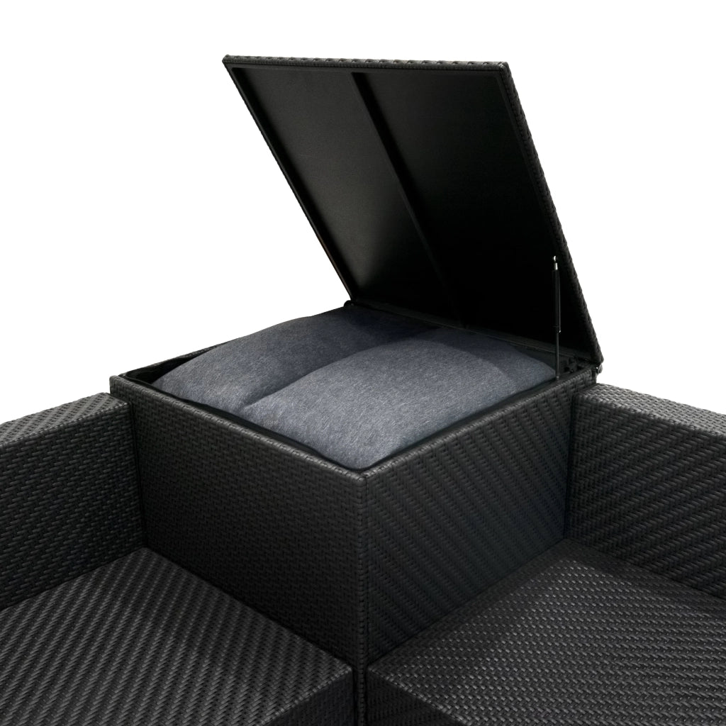 Set Divani Rattan Nero 6 Pezzi con Cuscini, Tavolino e Baule 250L