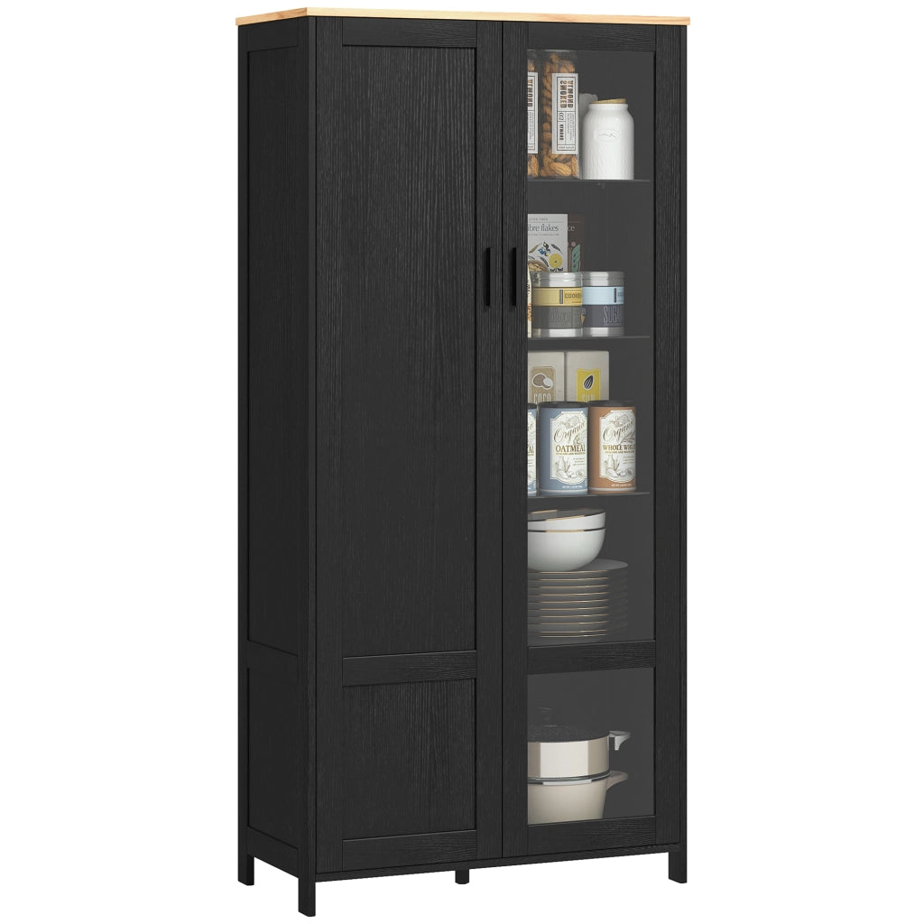 Mobile Dispensa Cucina in Legno a 9 Ripiani Regolabili con Ante in Vetro, 76x36x160 cm, Nero e color Legno