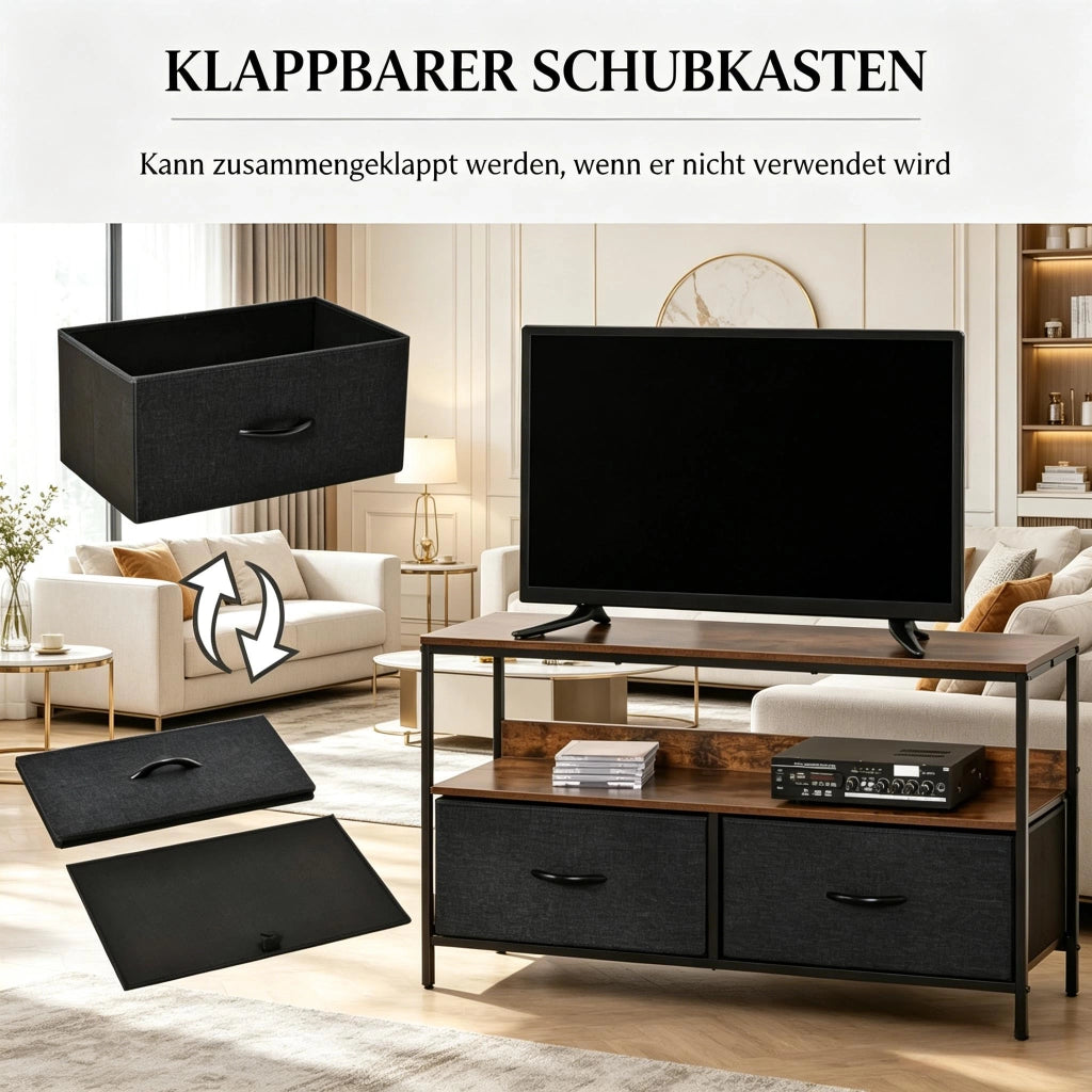 Mobile porta TV industriale con 2 cassetti pieghevoli e ripiano aperto per soggiorno e camera da letto 98 × 29 × 56 cm