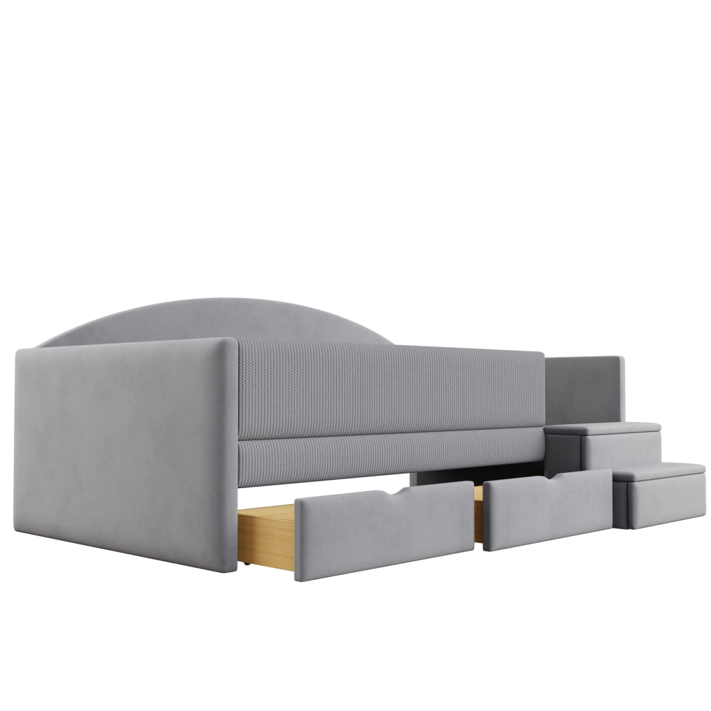 Letto per bambini 90 × 190 cm con 2 cassetti, sponde di sicurezza et gradini, senza materasso, velluto grigio chiaro