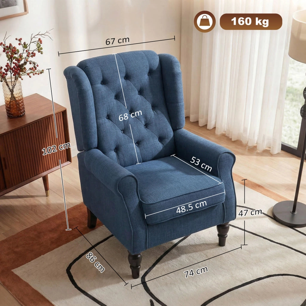 Poltrona per Salotto in Stile Francese con Seduta Imbottita e Cuscini, in Velluto, 74x86x102 cm, Blu