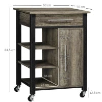 Carrello da Cucina Portavivande con Cassetto, Mensole, Armadietto e 4 Ruote, Legno Truciolare, 60x50x84.5cm, Quercia