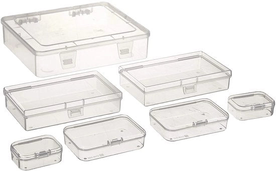Set di 7 contenitori rettangolari mini per organizzare piccoli oggetti in plastica trasparente con chiusura a cerniera
