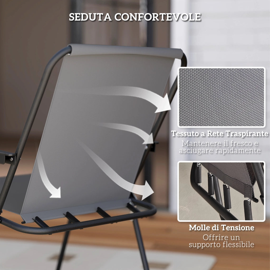 Set da Giardino 6 Pezzi in Acciaio con 4 Sedie Pieghevoli, Ombrellone e Tavolo Rotondo, Grigio e Nero